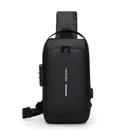 Black anti theft crossbody bag with built in lock and usb port 