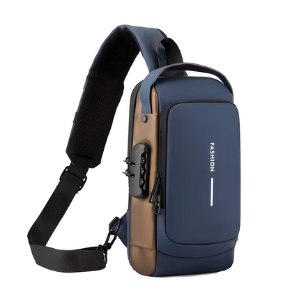 blue anti theft crossbody bag with built in lock and usb port 