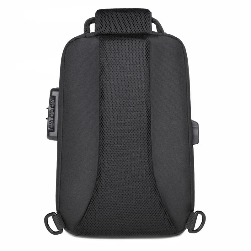 back view of black mega anti theft crossbody bag with built in lock and USB port