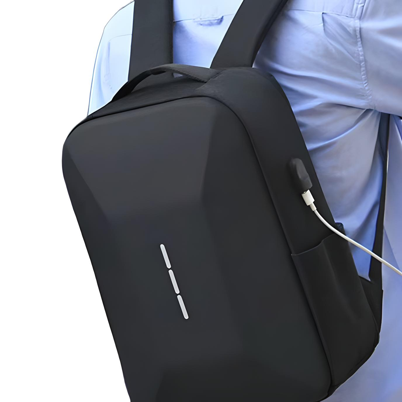 black antitheft backpack with built in lock and external USB port on person's back