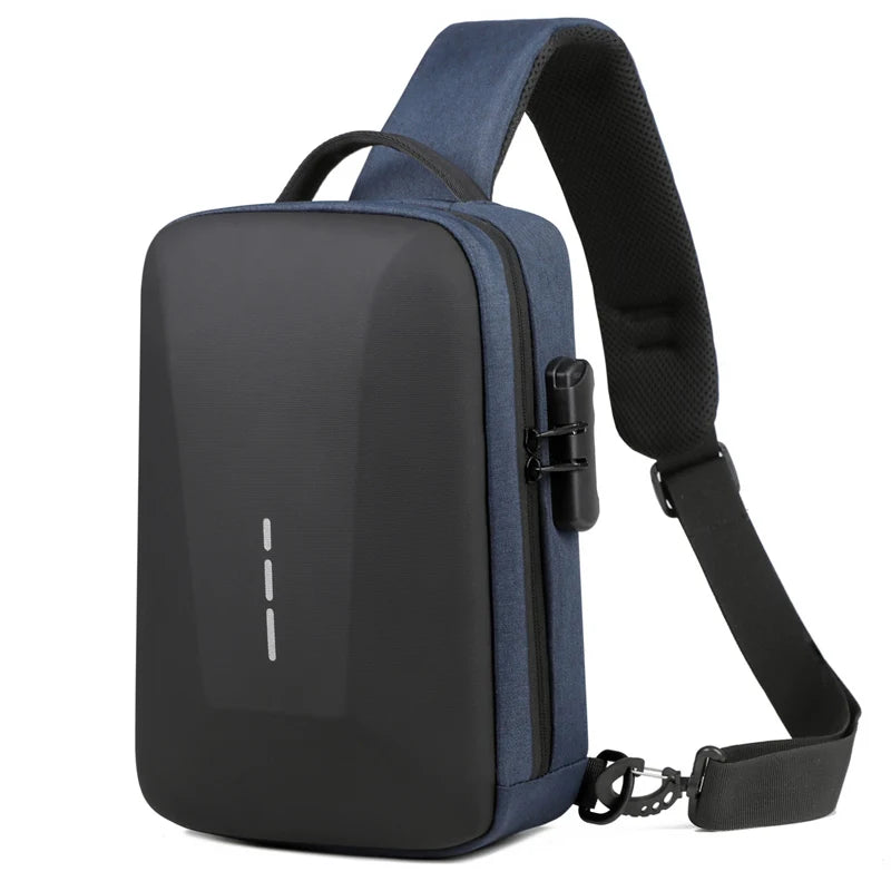 blue mega anti theft crossbody bag with built in lock and USB port