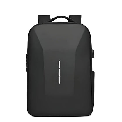 Black antitheft backpack with built in lock and external USB port 