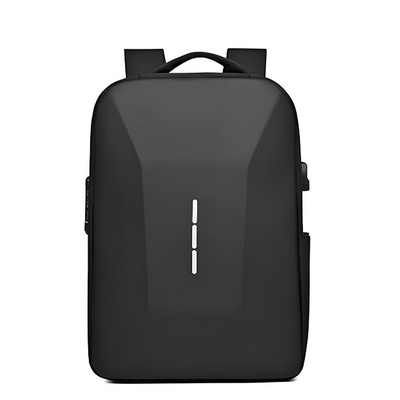 front view of black antitheft backpack with built in lock and external USB port