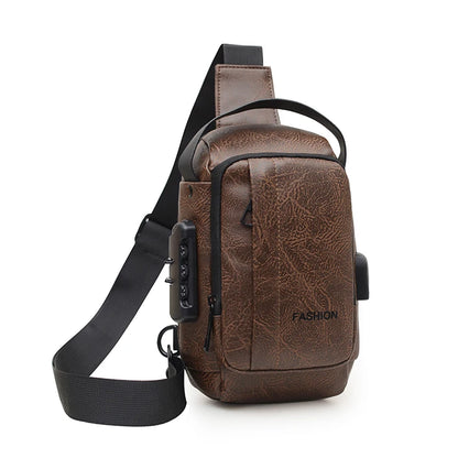 mini dark brown antitheft crossbody bag with built in lock and external USB port