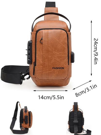 dimension of mini brown antitheft crossbody bag with built in lock and external USB port