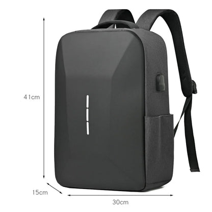 dimensions for grey antitheft backpack with built in lock and external USB port