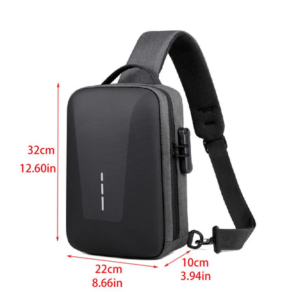 dimensions for grey mega anti theft crossbody bag with built in lock and USB port