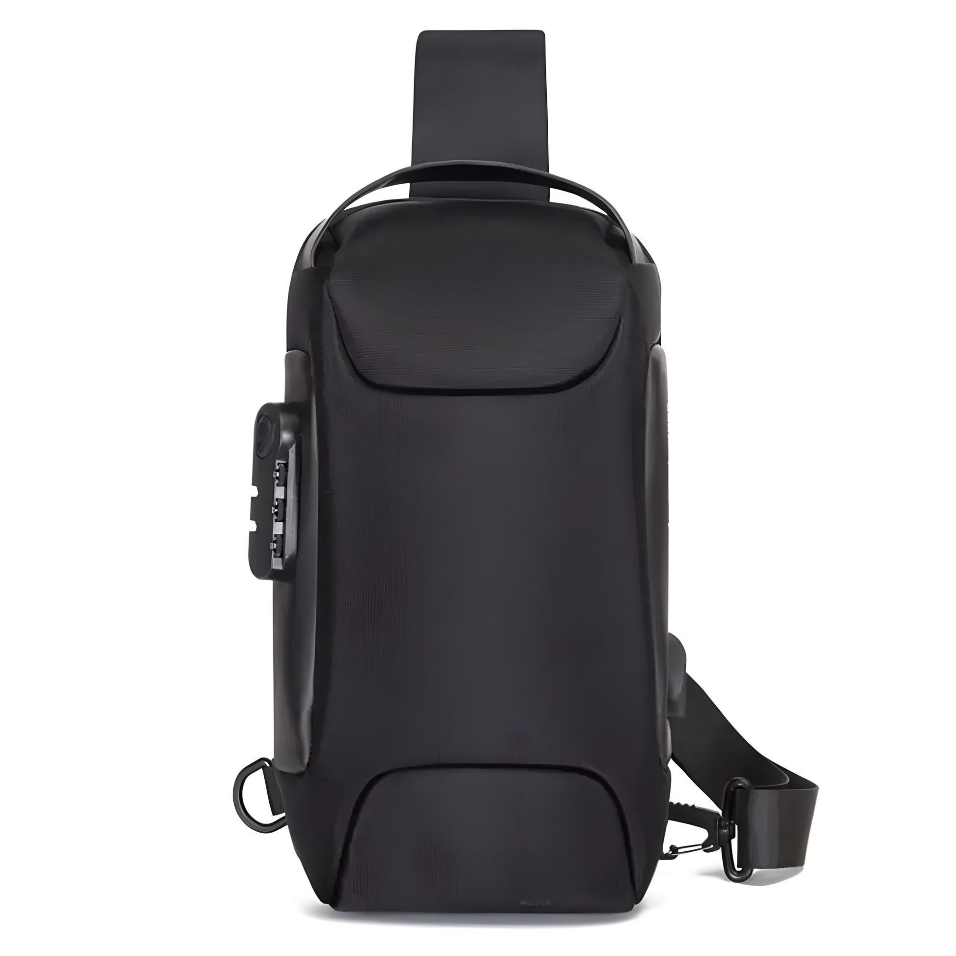 Black minimalistic anti-theft crossbody bag with built-in lock and external USB charging port.