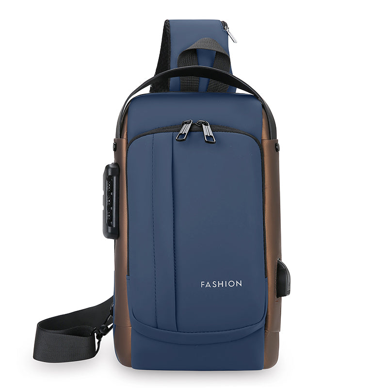 Blue anti-theft crossbody bag with multiple pockets, a built-in lock, and an external USB port.