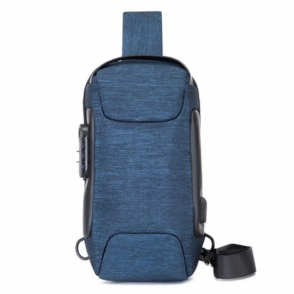 Blue minimalistic anti-theft crossbody bag with built-in lock and external USB charging port.