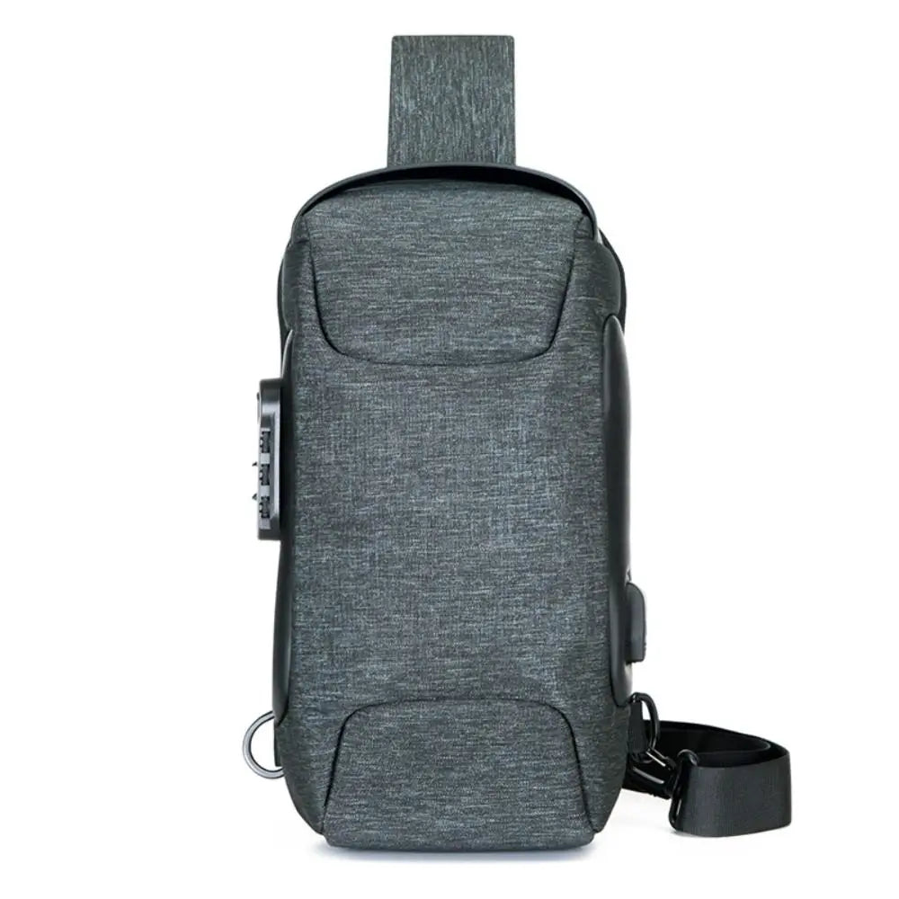 Grey minimalistic anti-theft crossbody bag with built-in lock and external USB charging port.