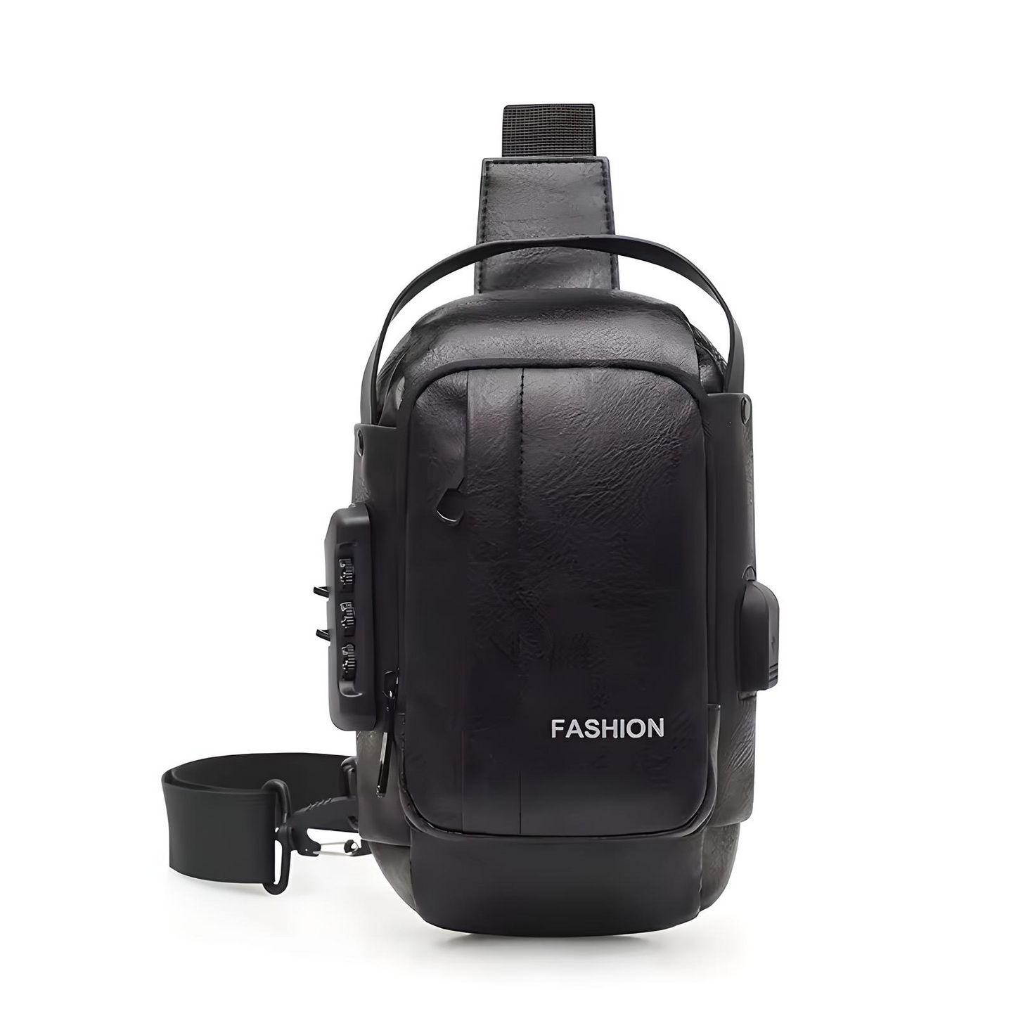 front view of mini black antitheft crossbody bag with built in lock and external USB port