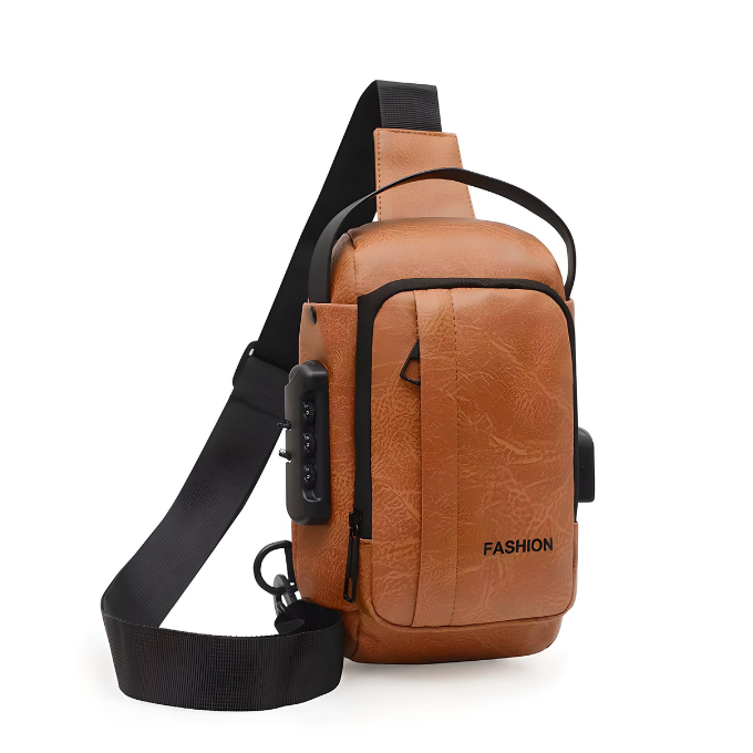 mini brown antitheft crossbody bag with built in lock and external USB port