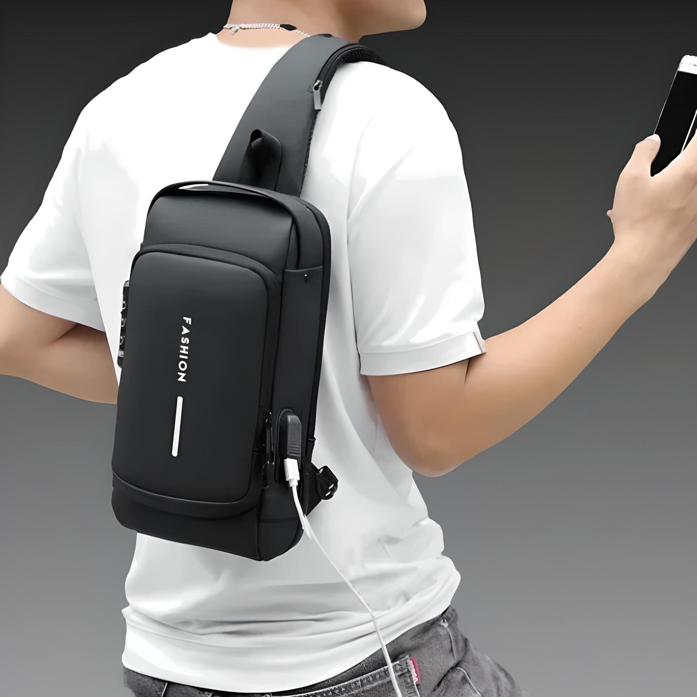 man wearing anti theft crossbody bag with built in lock and usb port