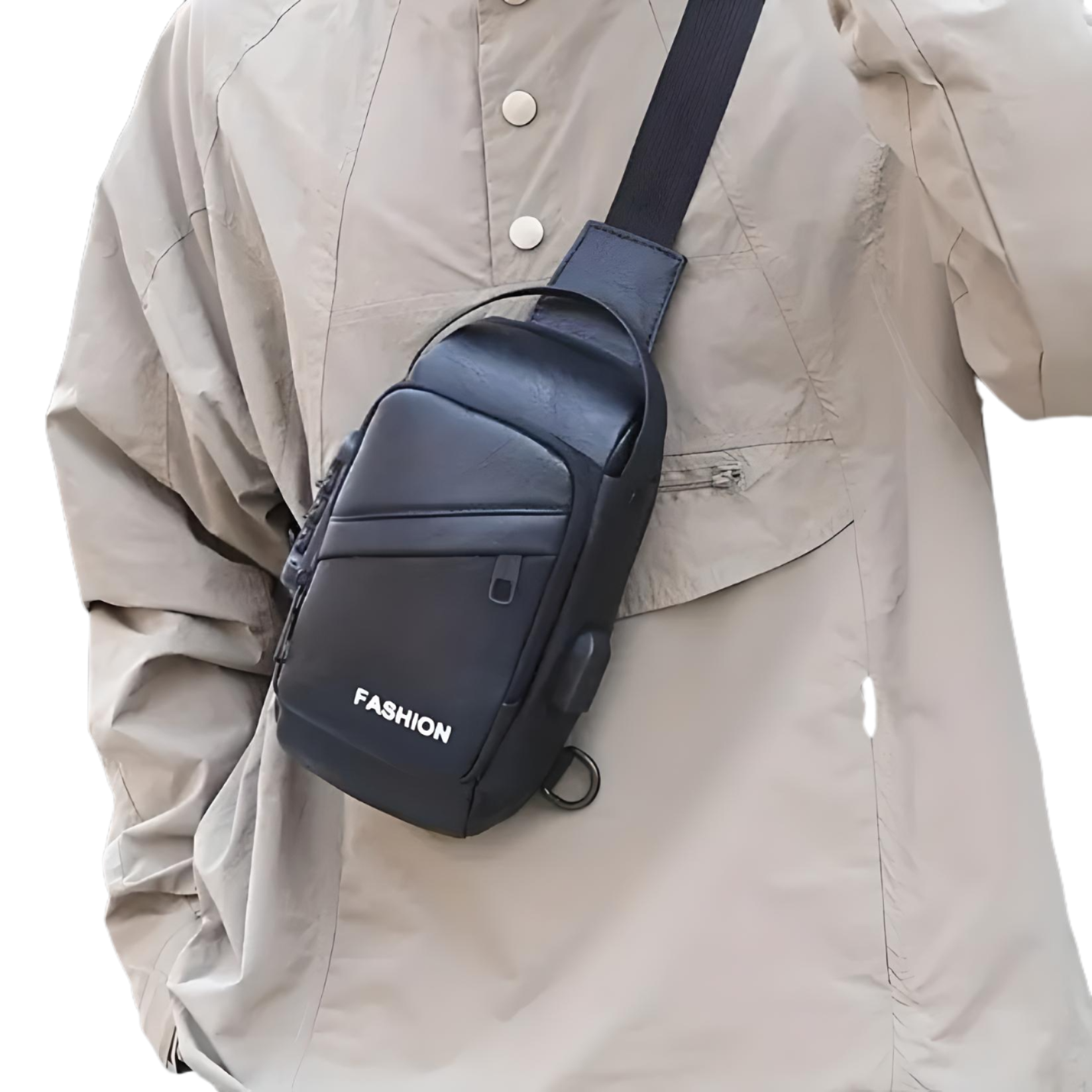 Person wearing black mini crossbody bag with built in lock and us port across their chest