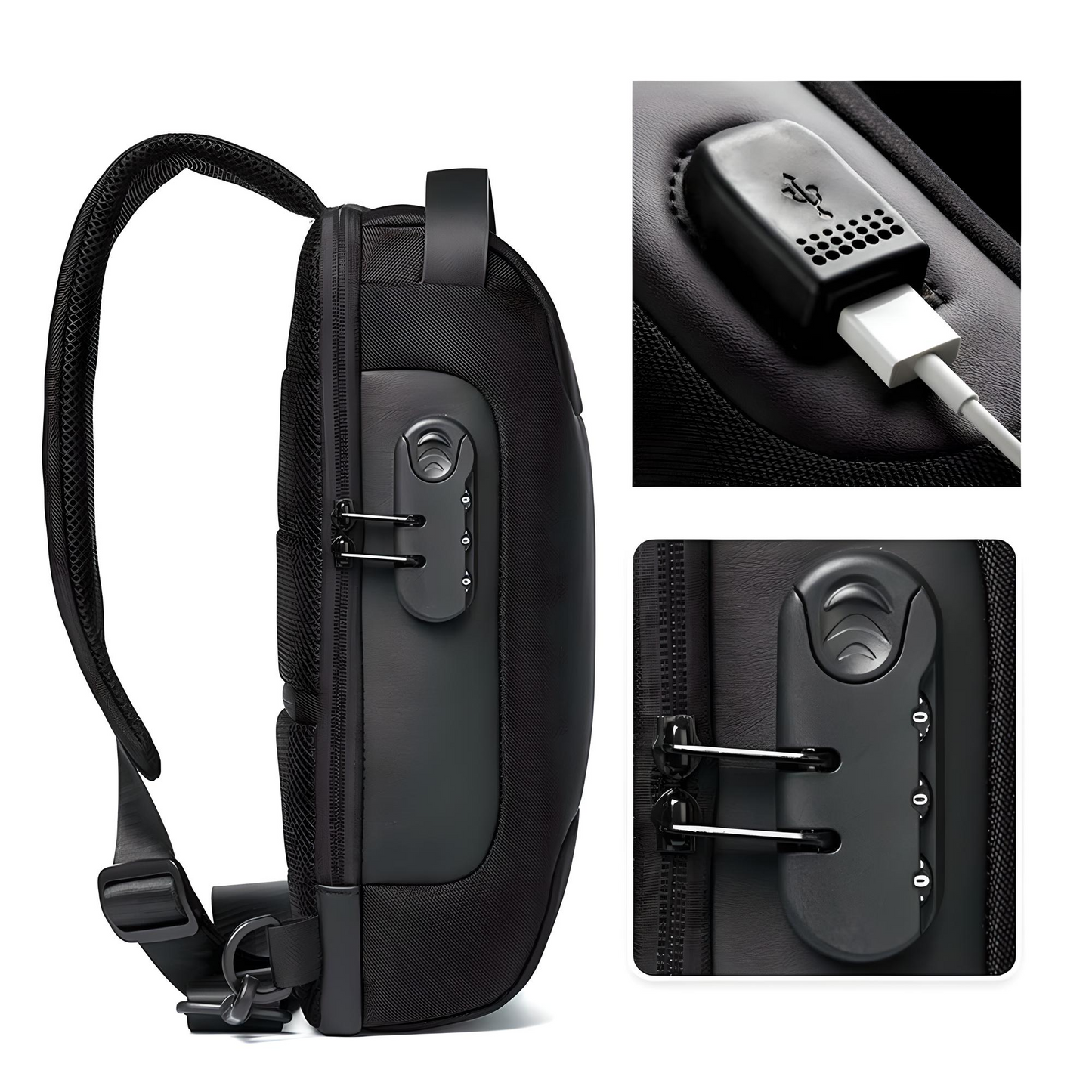 Side view of black minimalistic anti-theft crossbody bag showing close-ups of the USB charging port and built-in lock.