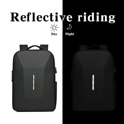 black antitheft backpack with built in lock and external USB port being used in the daytime and nighttime