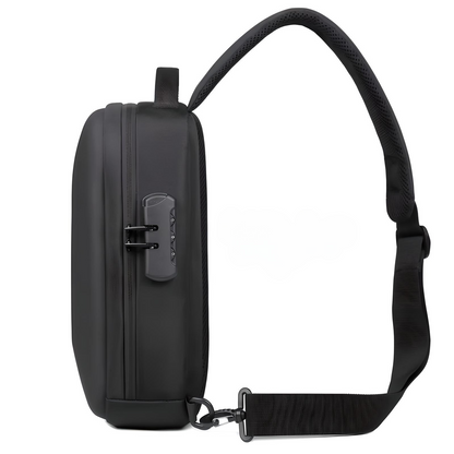 side view of black mega anti theft crossbody bag with built in lock and USB port